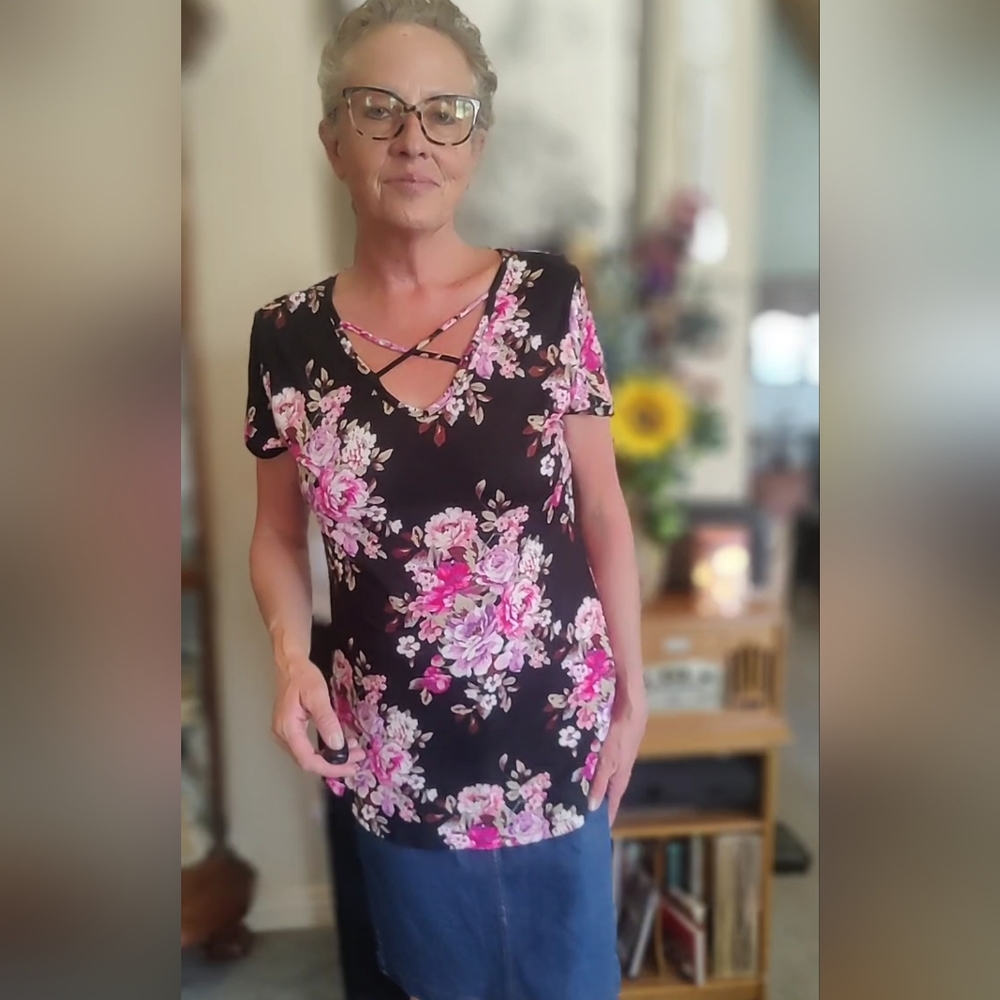 Just Be medium size Blouse. Black background with flower print